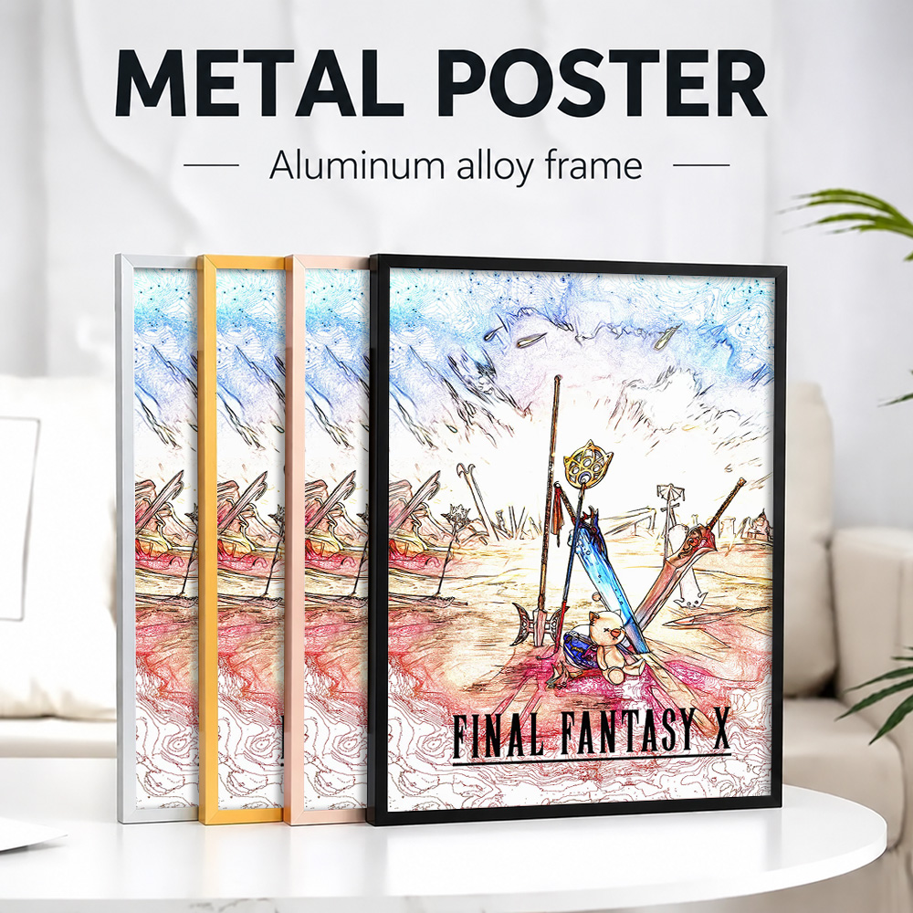 Office Quest - ファイナルファンタジーX 武器とモーグリの額入りメタルプリント カスタム写真 ヒーロークエストスタイル ウォールアート ホームオフィス